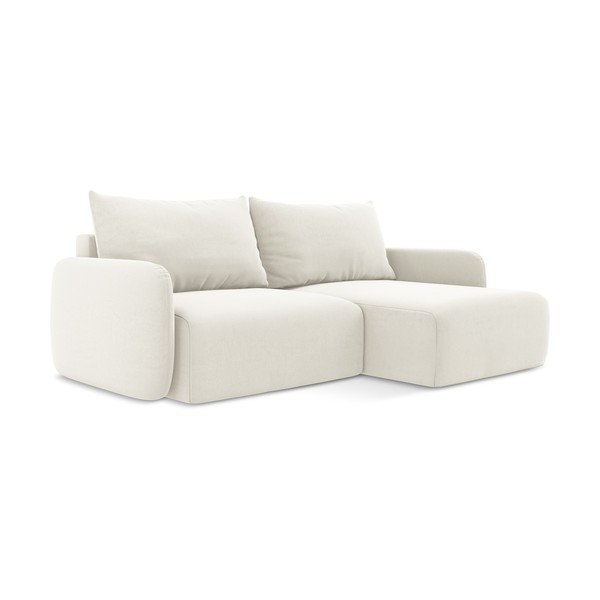 Krémová zamatová rozkladacia/s úložným priestorom rohová pohovka (pravý roh/s leňoškou) Kalena – Makamii-image-2