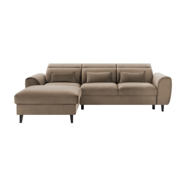 Svetlohnedá zamatová rozkladacia/s úložným priestorom rohová pohovka (ľavý roh/s leňoškou) Foble – ELTAP