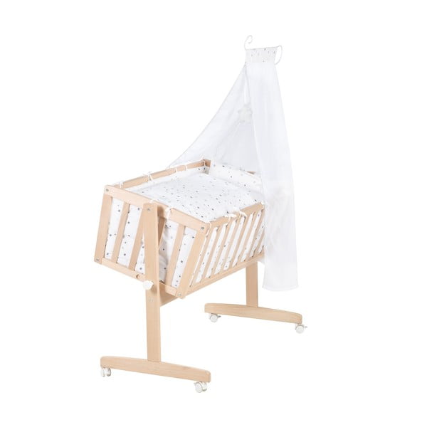 Kolíska z bukového dreva na kolieskach/s baldachýnom 40x90 cm v prírodnej farbe – Roba-image-2