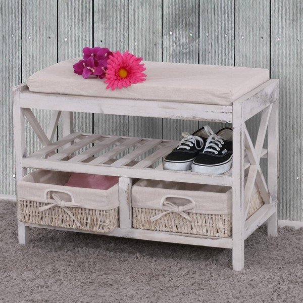 Biela polica na topánky s lavicou Mendler Shabby-image-1