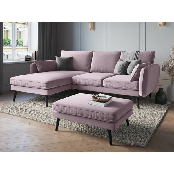 Svetloružová zamatová rohová pohovka s čiernymi nohami Kooko Home Lento, ľavý roh-image-1