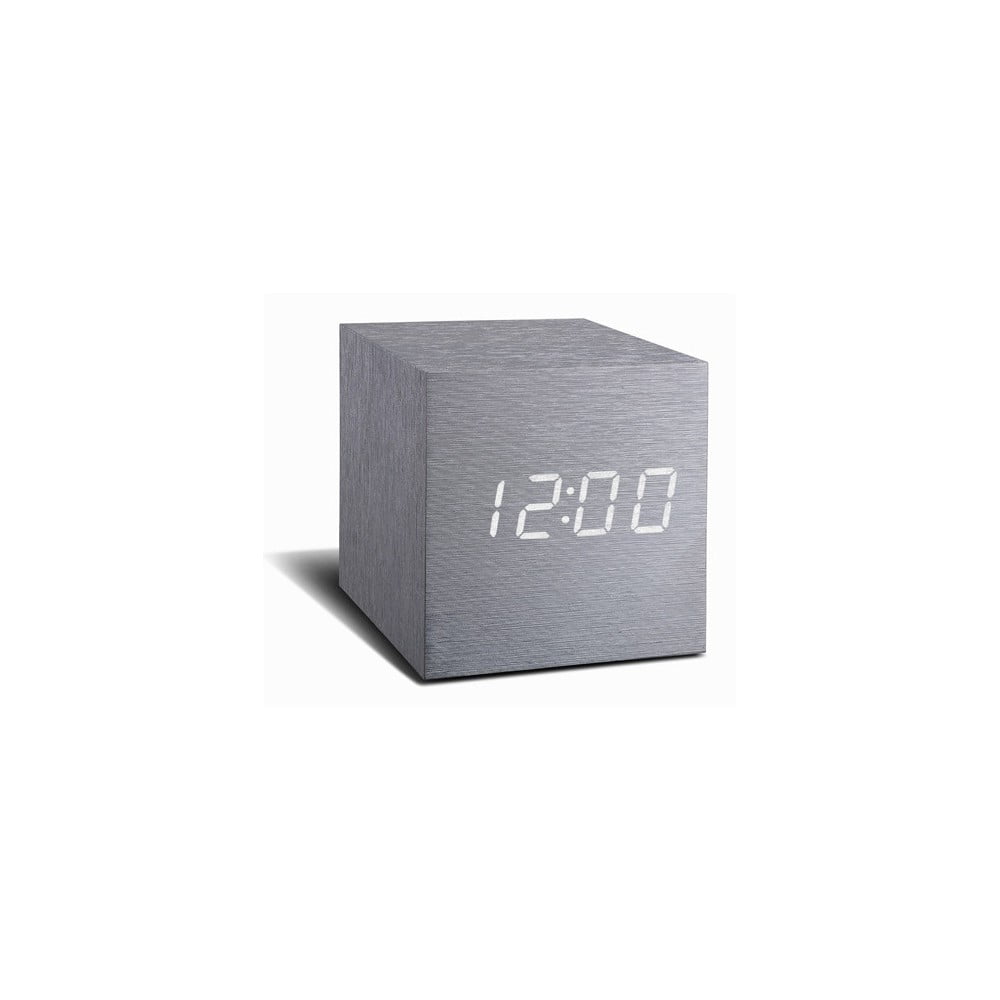 Sivý budík s bielym LED displejom Gingko Cube Click Clock