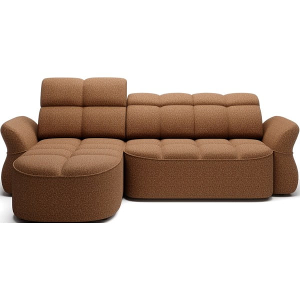 Žltá/hnedá zamatová rozkladacia/s úložným priestorom rohová pohovka (ľavý roh/s leňoškou) Beneth – ELTAP