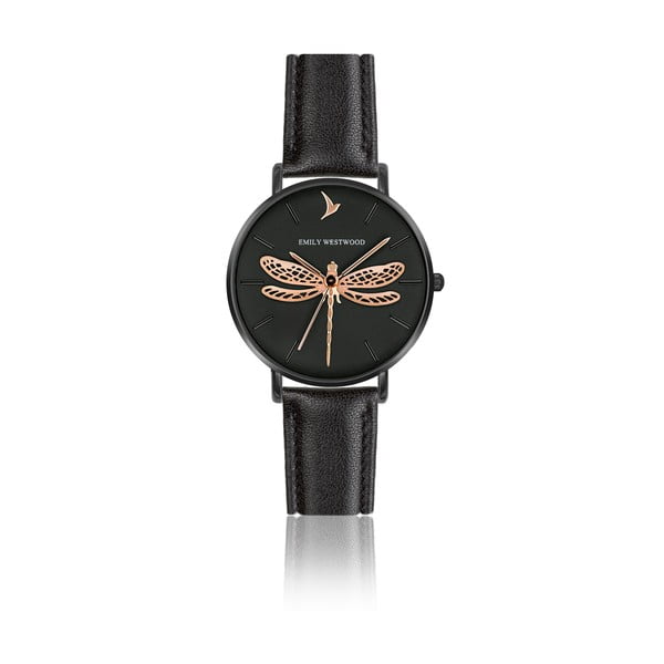 Dámske hodinky s remienkom z pravej kože v čiernej farbe Emily Westwood Fly