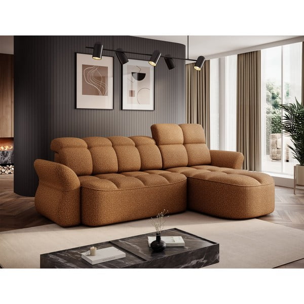 Žltá/hnedá zamatová rozkladacia/s úložným priestorom rohová pohovka (pravý roh/s leňoškou) Beneth – ELTAP-image-1