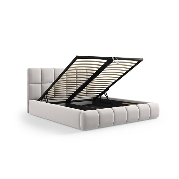 Svetlosivá zamatová čalúnená dvojlôžková posteľ s úložným priestorom s roštom 200x200 cm Bellis – Micadoni-image-2