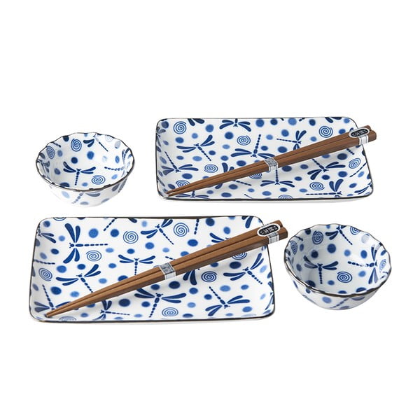 6-dielny set modro-bieleho keramického riadu na sushi MIJ Blue Dragonfly