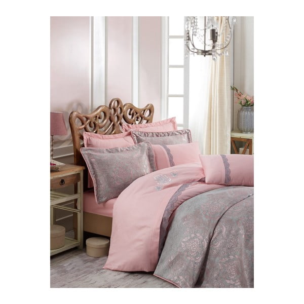 Ružovo-sivá prikrývka cez posteľ na dvojlôžko s obliečkami na vankúše Ornella, 250 × 260 cm