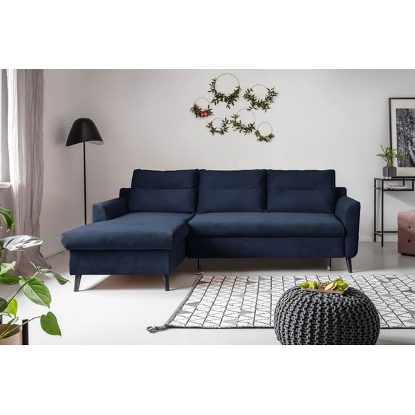 Tmavomodrá zamatová rozkladacia rohová pohovka Miuform Stylish Stan, ľavý roh-image-1