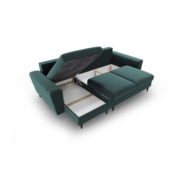 Zamatová rozkladacia/s úložným priestorom rohová pohovka v petrolejovej farbe Kyoto – Cosmopolitan Design-image-3