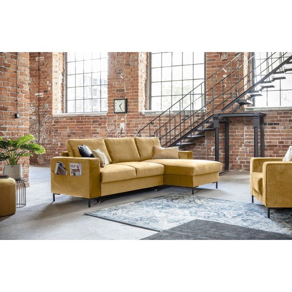 Horčicovožltá zamatová rozkladacia rohová pohovka Miuform Lofty Lilly, pravý roh-image-4