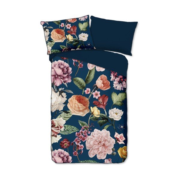 Tmavomodré obliečky na jednolôžko/predĺžené z bavlneného saténu 140x220 cm Fiori – Descanso