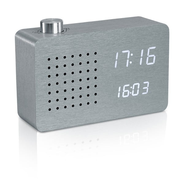 Sivý budík s bielym LED displejom a rádiom Gingko Radio Click Clock