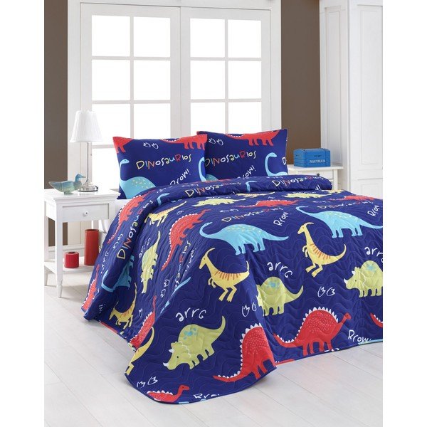 Set prešívaného prehozu a 2 obliečok na vankúše Eponj Home Dinazorus Blue, 200 x 220 cm