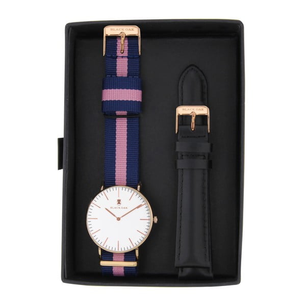 Set dámskych hodiniek s remienkami Black Oak Stripe Pink
