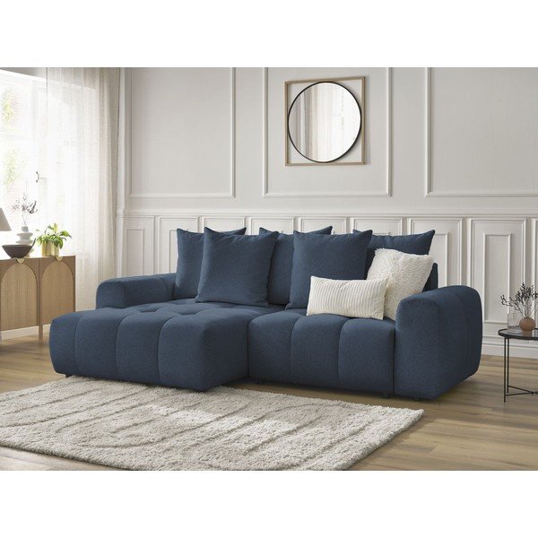 Modrá ženilková rozkladacia/s úložným priestorom rohová pohovka (ľavý roh/s leňoškou) Roxelane – Bobochic Paris-image-3