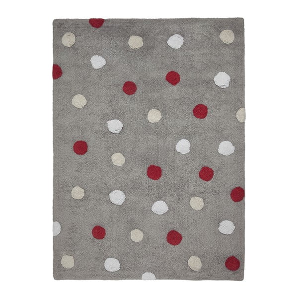 Sivý bavlnený ručne vyrobený koberec s červenými bodkami Lorena Canals Polka, 120 x 160 cm