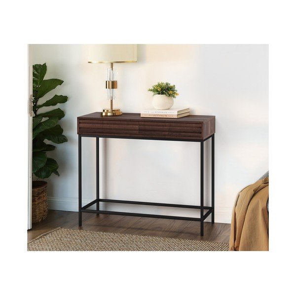 Tmavohnedý konzolový stolík s doskou v dekore orechového dreva 35x90 cm Celine – Støraa-image-1