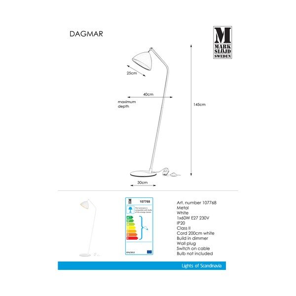 Biela stojacia lampa Markslöjd Dagmar Uno Floor White, výška 1,45 m-image-3