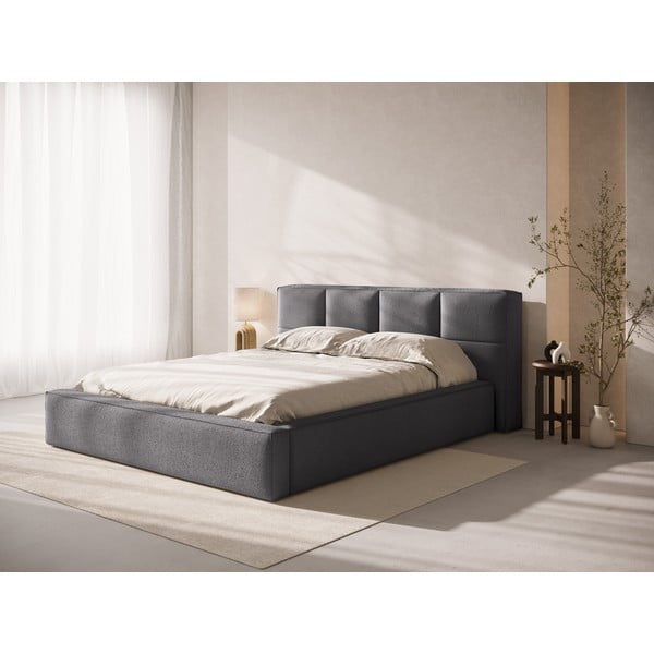 Tmavosivá čalúnená dvojlôžková posteľ s úložným priestorom s roštom 160x200 cm Simon – Micadoni-image-1