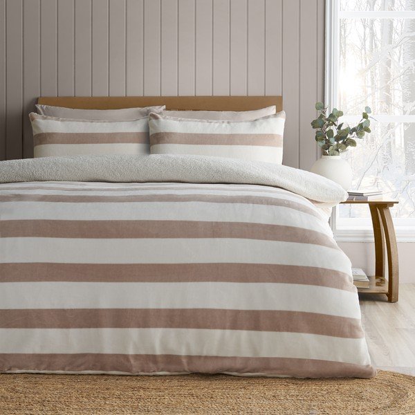 Obliečky na dvojlôžko s baránkom v prírodnej farbe 200x200 cm Cosy Sherpa Stripe – Catherine Lansfield-image-1
