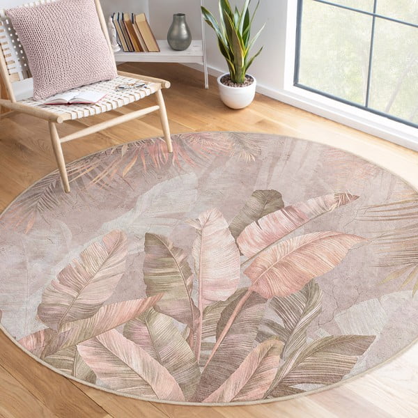 Svetloružový prateľný okrúhly koberec ø 100 cm Dusty Leaves – Mila Home-image-1