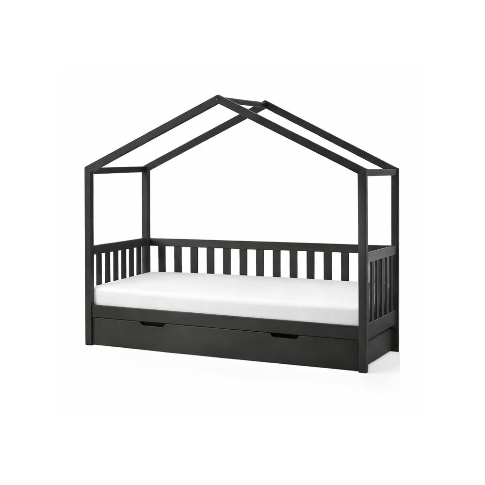 Antracitová domčeková detská posteľ z borovicového dreva s výsuvným lôžkom a úložným priestorom 90x200 cm DALLAS – Vipack