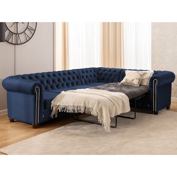 Modrá zamatová rozkladacia rohová pohovka (pravý roh/do L) York Blik – Ropez-image-4