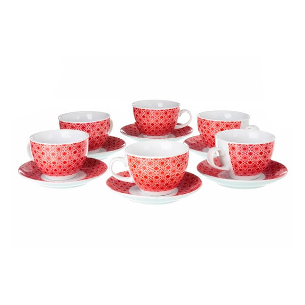 Sada 6 červených porcelánových hrnčekov s tanierikmi Unimasa Mandall, 160 ml