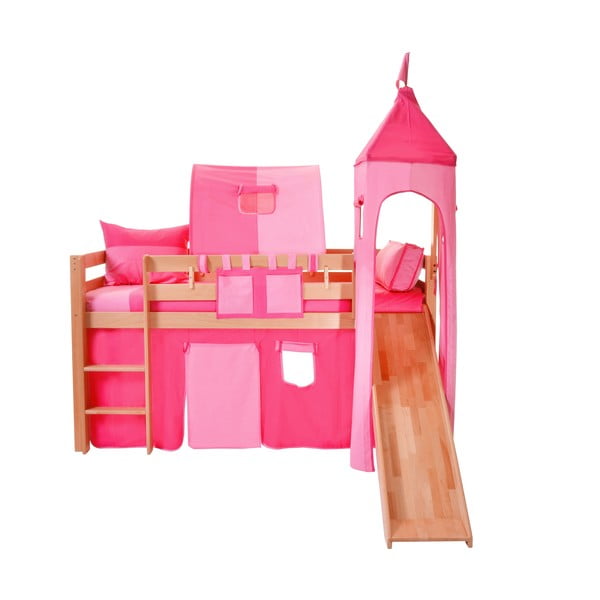 Detská poschodová posteľ so šmýkačkou a ružovým hradným bavlneným setom Mobi furniture Tom, 200 x 90 cm