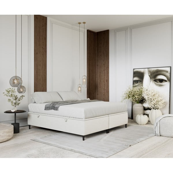 Krémovobiela čalúnená dvojlôžková posteľ s úložným priestorom 160x200 cm Tate – Maison de Rêve-image-1