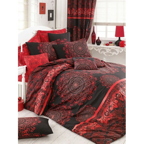 Červeno-čierne predĺžené bavlnené obliečky na dvojlôžko s plachtou a prikrývkou 220x240 cm Osmanli – Mijolnir