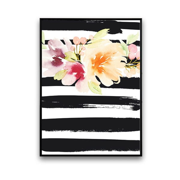 Plagát s kvetmi, čierno-biele pruhované pozadie, 30x40 cm
