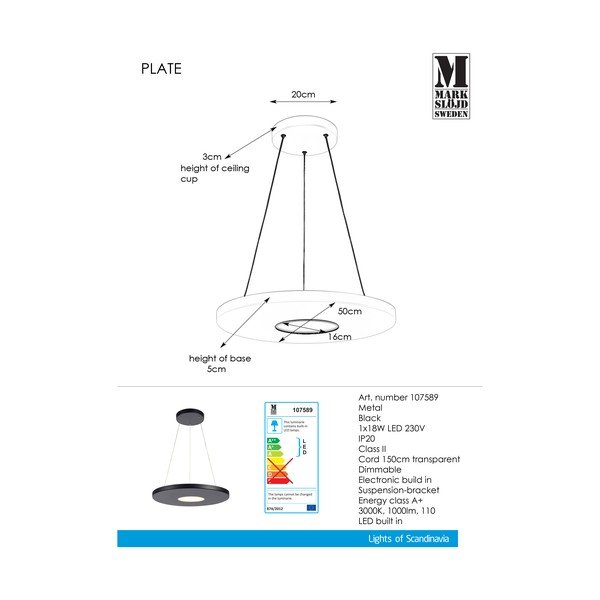 Čierne závesné svietidlo Markslöjd Plate, ø 50 cm-image-1