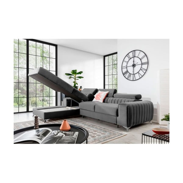 Sivá zamatová rozkladacia/s úložným priestorom rohová pohovka (ľavý roh/s leňoškou) Grayson – ELTAP-image-3