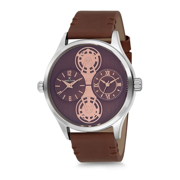 Pánske hodinky s hnedým koženým remienkom a fialovým ciferníkom Daniel Klein