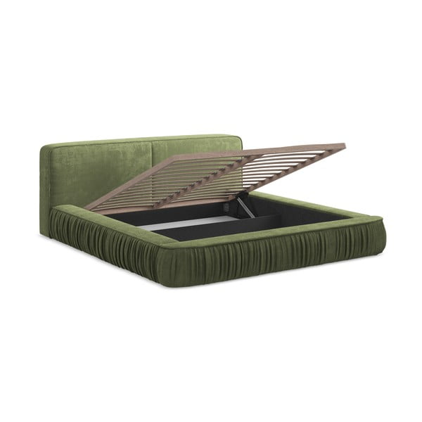 Zelená čalúnená dvojlôžková posteľ s úložným priestorom s roštom 140x200 cm Keoni – Makamii-image-2