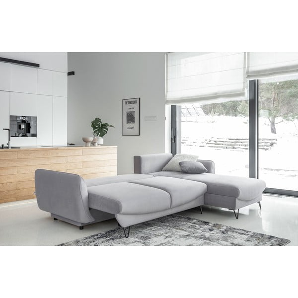 Svetlosivá zamatová rozkladacia/s úložným priestorom rohová pohovka (pravý roh/s leňoškou) Silva – ELTAP-image-2