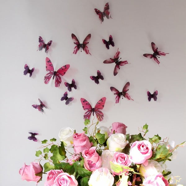 Sada 18 ružových adhezívnych 3D samolepiek Ambiance Butterflies