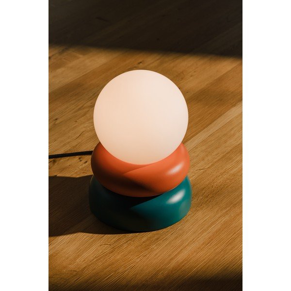 Stolová lampa z masívneho dreva v petrolejovej farbe/oranžová so skleneným tienidlom (výška  24 cm) Otem – noo.ma-image-2