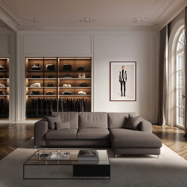 Taupe zamatová rozkladacia/s úložným priestorom rohová pohovka (pravý roh/s leňoškou) Rene – Rodier-image-1