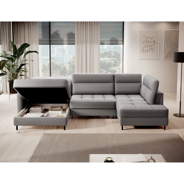 Svetlosivá zamatová rozkladacia/s úložným priestorom rohová pohovka (pravý roh/do tvaru "U") Berrto – ELTAP-image-2