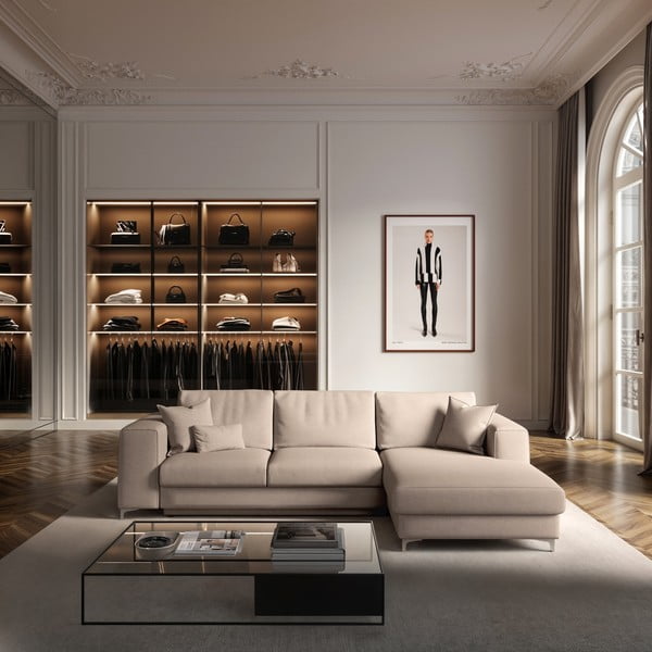 Béžová zamatová rozkladacia/s úložným priestorom rohová pohovka (pravý roh/s leňoškou) Rene – Rodier-image-1