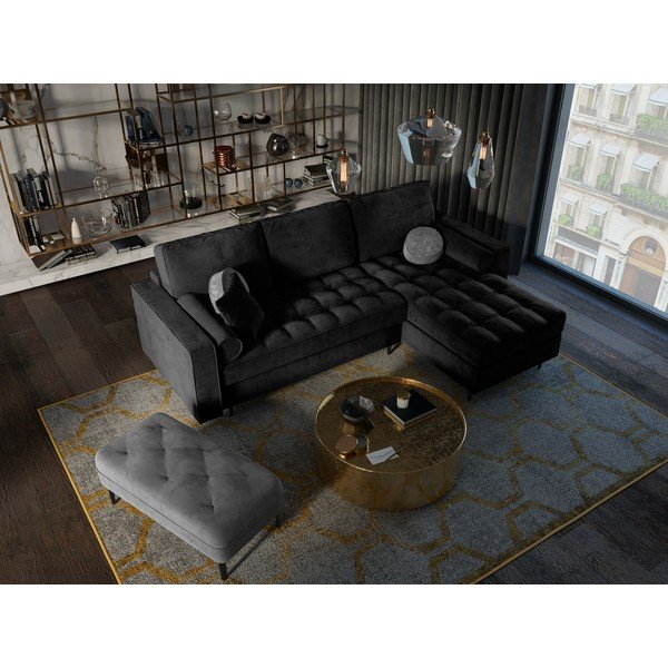 Čierna zamatová rozkladacia rohová pohovka Milo Casa Santo, pravý roh-image-1