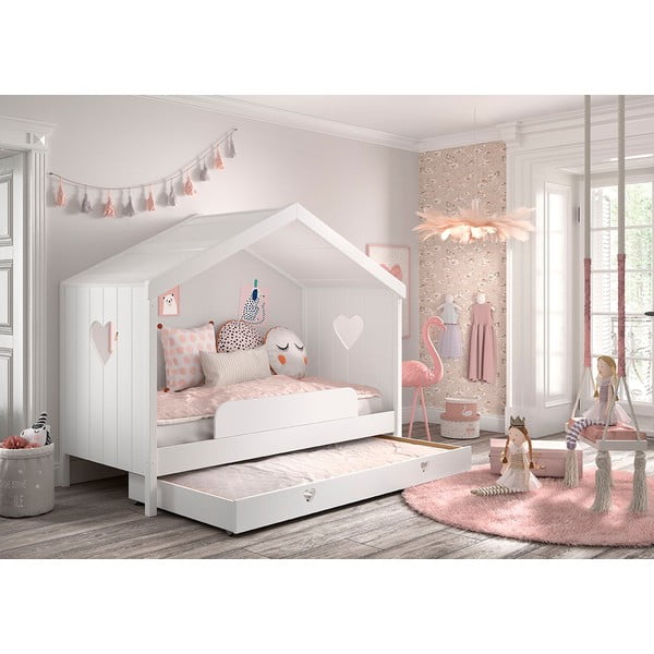 Biela domčeková detská posteľ z borovicového dreva s výsuvným lôžkom a úložným priestorom 90x200 cm AMORI – Vipack-image-2
