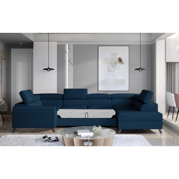 Modrá zamatová rozkladacia/s úložným priestorom rohová pohovka (pravý roh/do tvaru "U") Escada – ELTAP-image-2