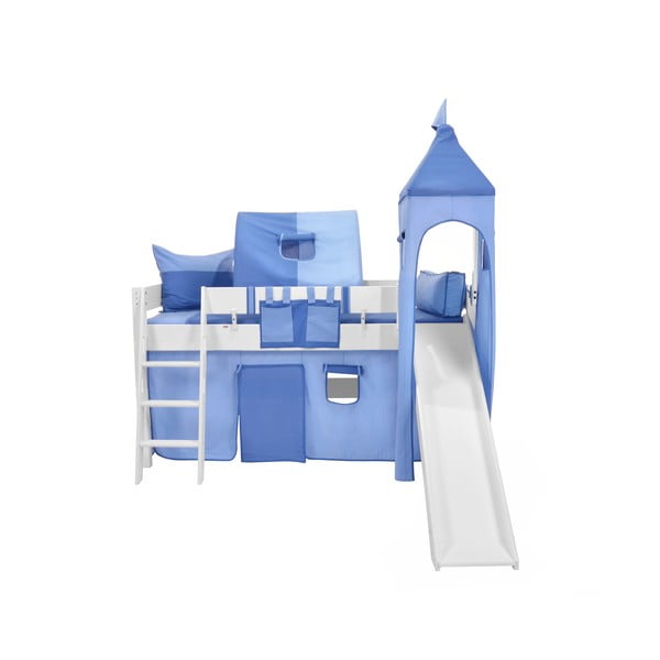 Detská biela poschodová posteľ so šmýkačkou a modrým hradným bavlneným setom Mobi furniture Luk, 200 x 90 cm