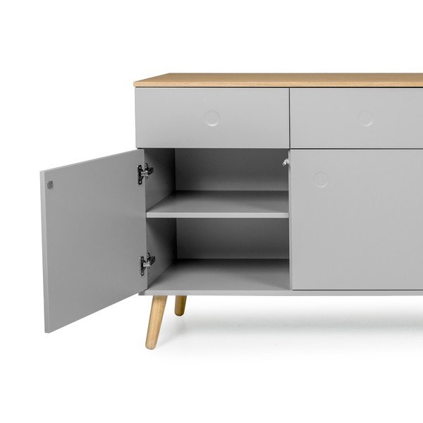 Sivý štvordverový príborník s detailmi v dekore dubového dreva so 4 zásuvkami Tenzo Dot-image-3