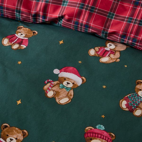 Červené/tmavozelené obliečky na jednolôžko 150x120 cm Christmas Tartan Teddy Bear – Catherine Lansfield-image-2