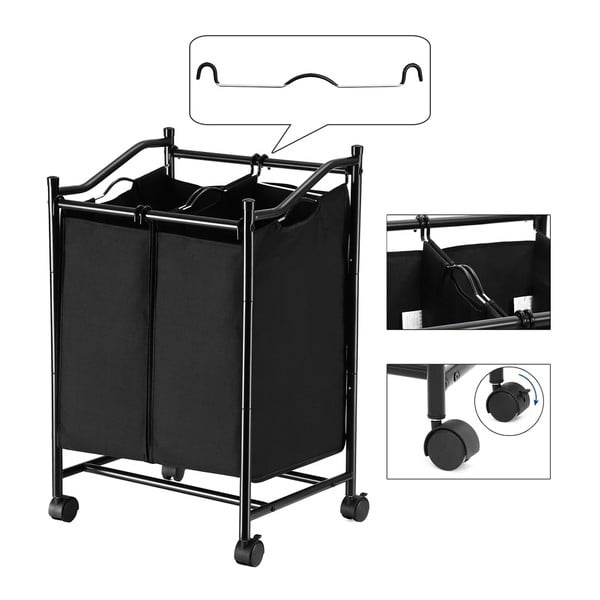 Čierny kôš s kolieskami a 2 segmentmi na bielizeň Songmics-image-4